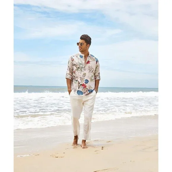 Men's Khaki Floral Cotton Linen Henley T-shirt Long Sleeve Casual Beach Button - Picture 3 of 8